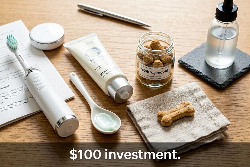 Investment kit flat lay Electric toothbrush, premium toothpaste, VOHC-approved treats, water additive. Text: "$100 investment."
