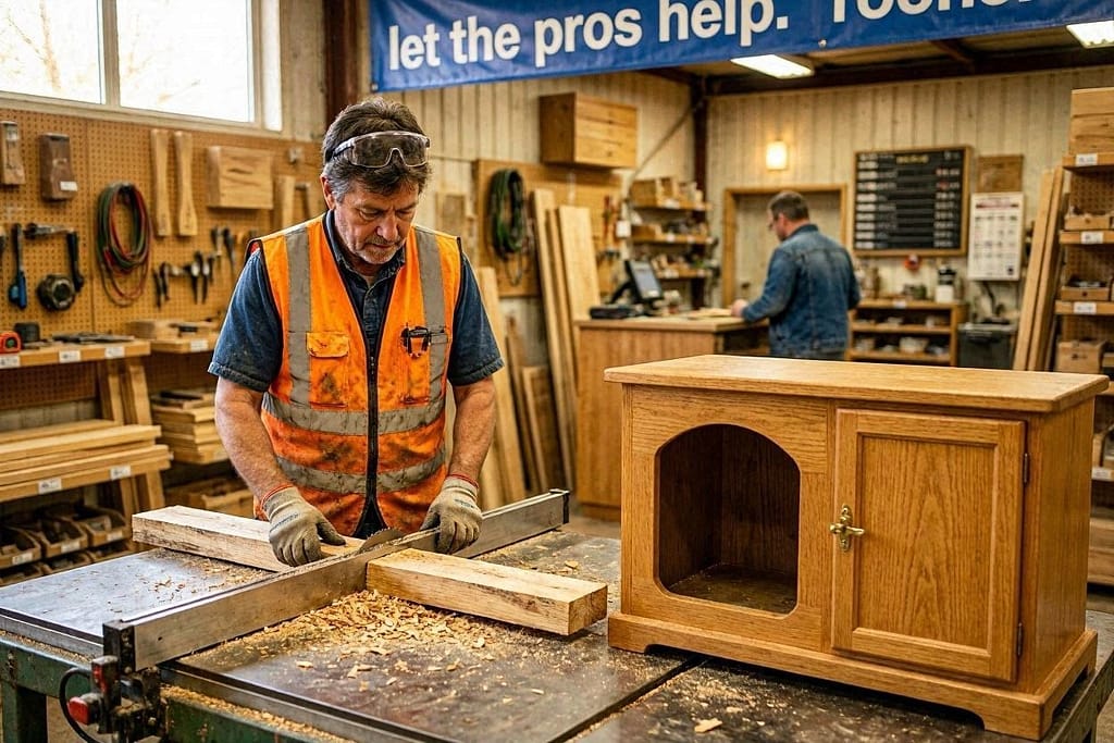 Employee cutting wood at hardware store. Text: "Let the pros help."