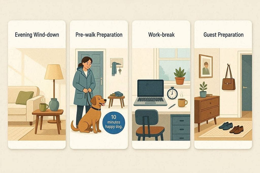 Daily schedule graphic Evening wind-down, pre-walk preparation, work-break, guest preparation. Text: "10 minutes = happy dog."