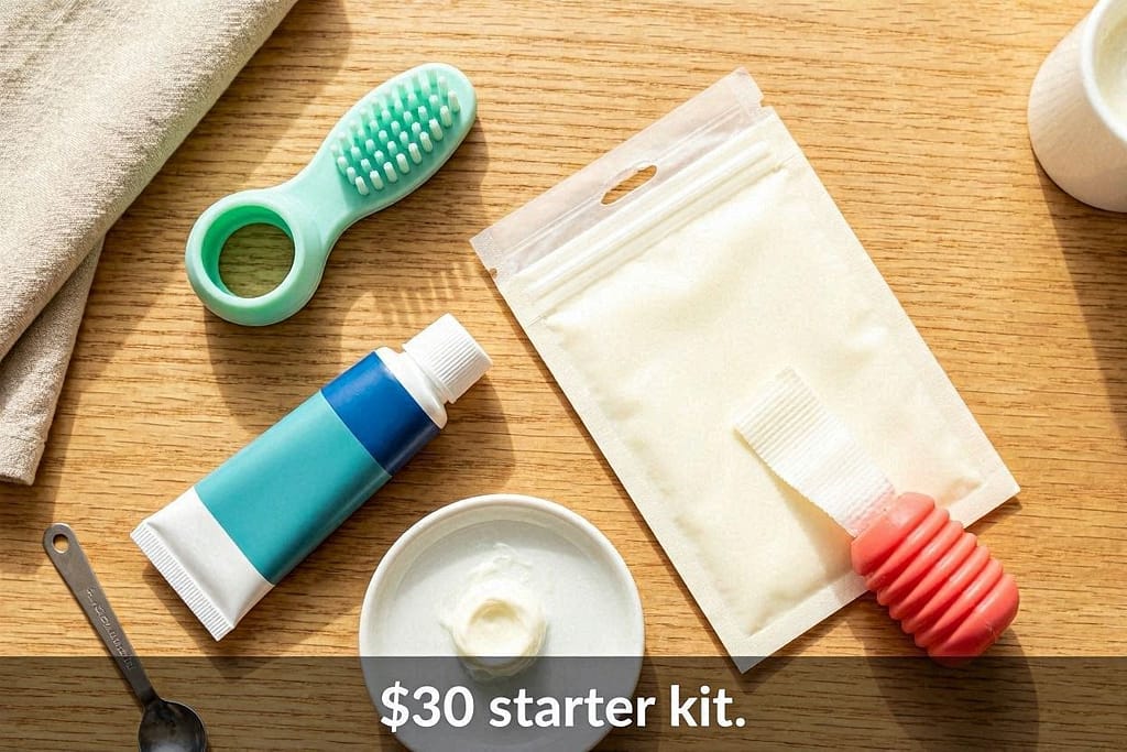 Starter kit flat lay Finger toothbrush, toothpaste, dental wipes, small rubber chew. Text: "$30 starter kit."