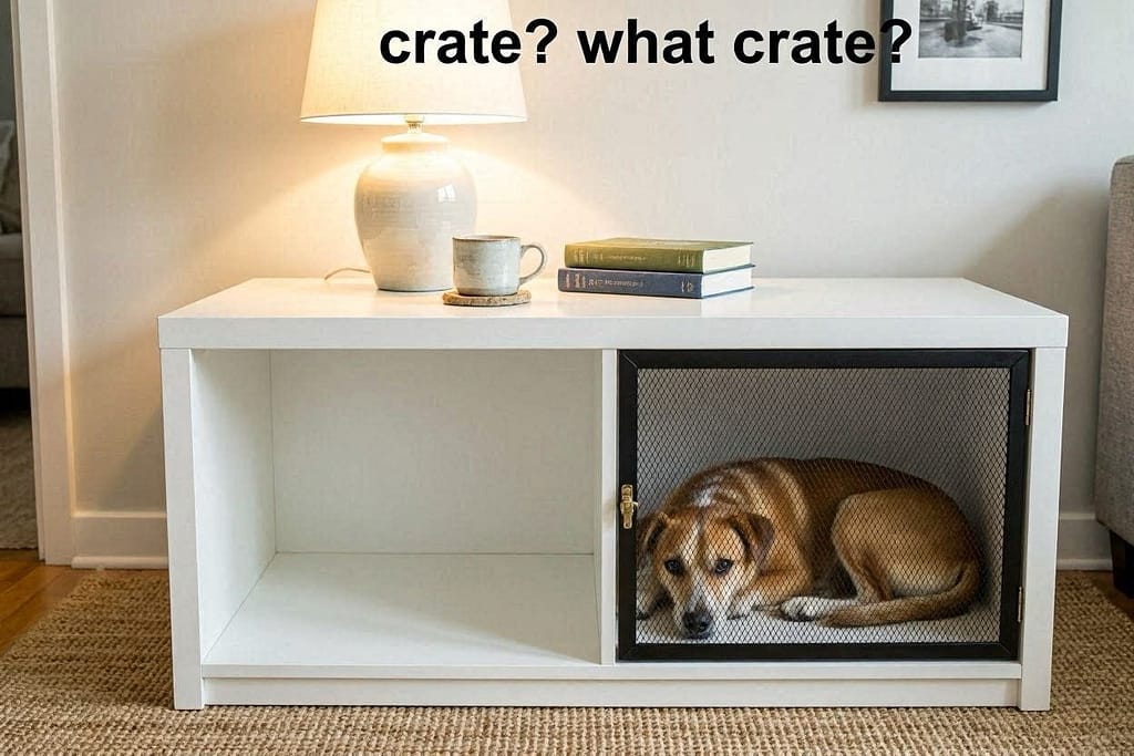 Finished KALLAX side table with lamp and books on top, dog visible inside through door. Text: "Crate? What crate?"
