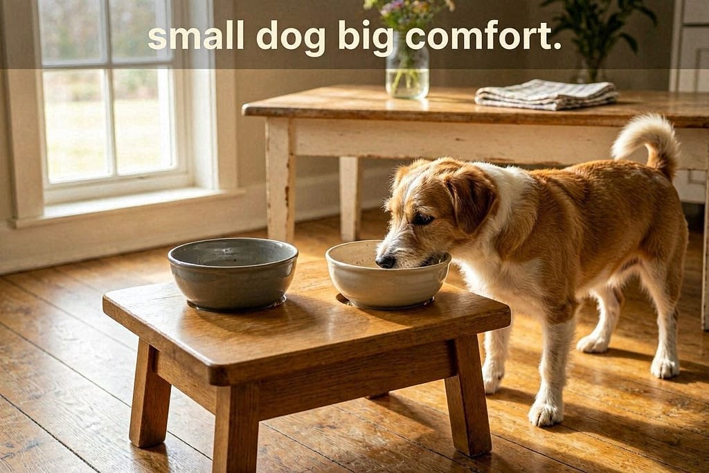 Finished stool with bowls dropped into cutouts, small dog eating. Text: "Small dog = big comfort."
