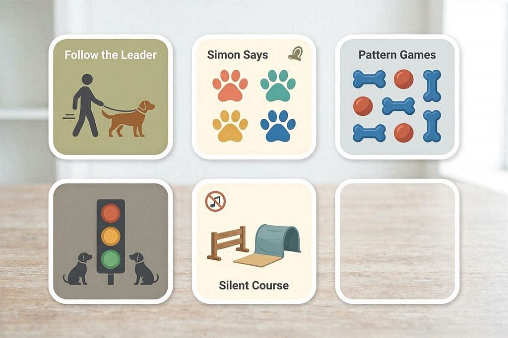 Game icons grid Follow the leader, Simon says, Pattern games, Red Light/Green Light, Silent course.