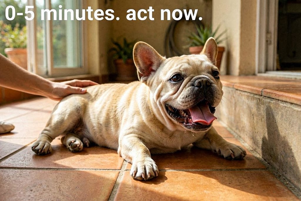Early stage symptoms photo Frenchie panting, seeking cool surface, slightly red gums. Text: "0-5 minutes. Act NOW."