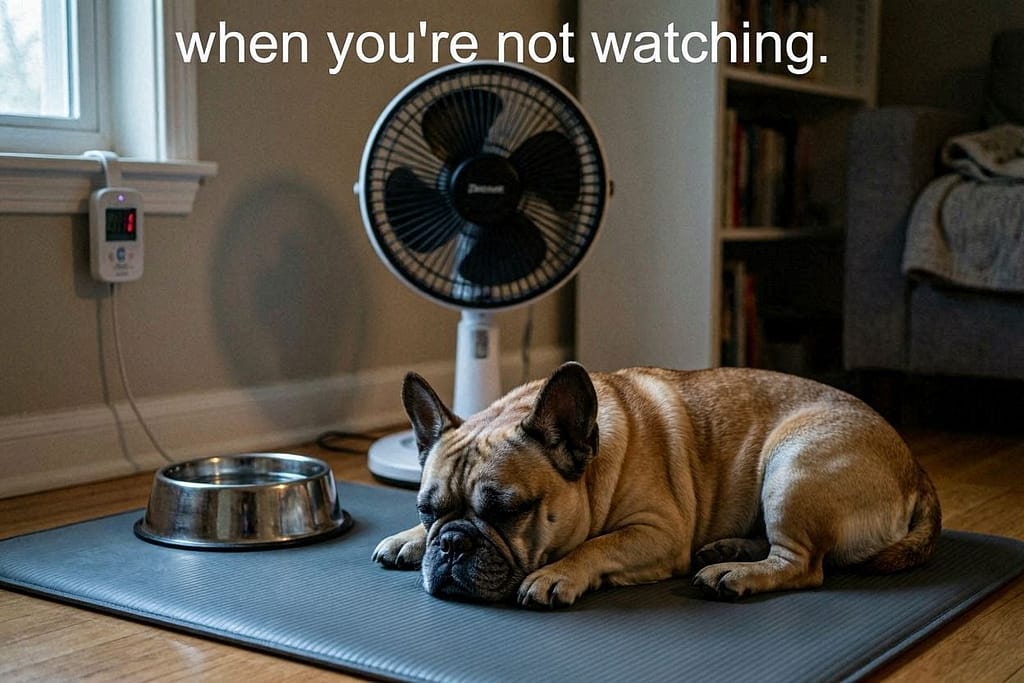Night setup photo Frenchie sleeping on cooling mat, fan visible, water bowl nearby, thermometer visible. Text: "When you're not watching."