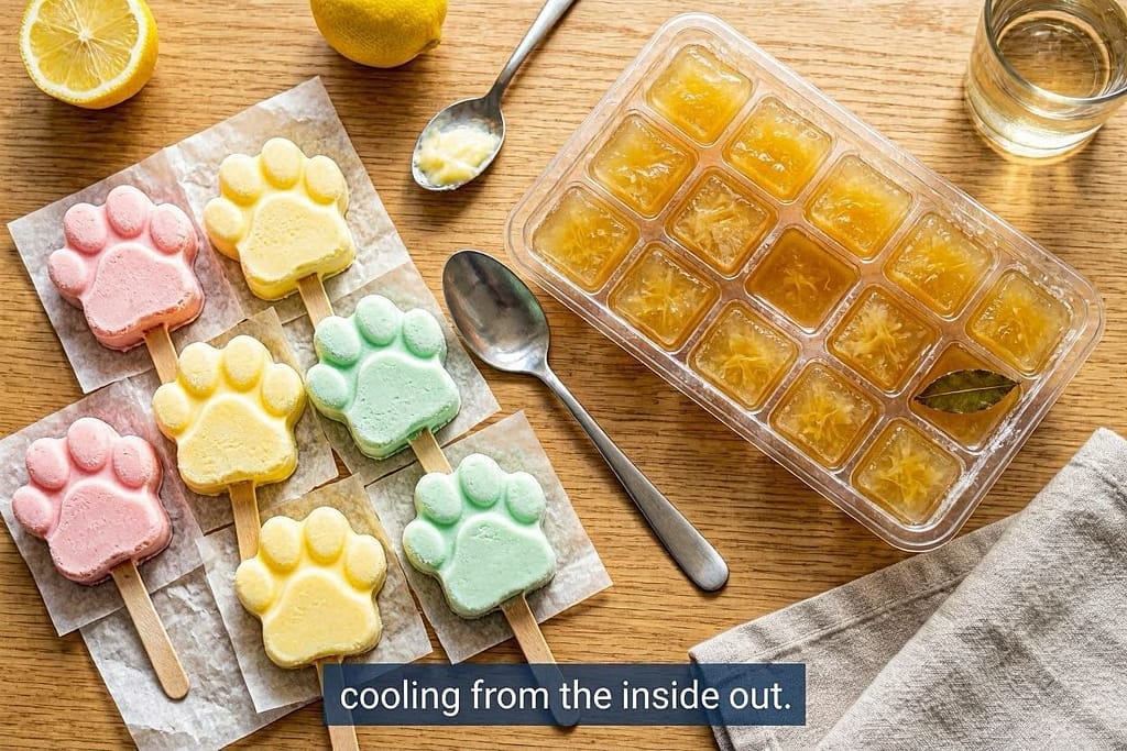 Frozen treat flat lay Frozen yogurt paws, chicken broth cubes in ice tray. Text: "Cooling from the inside out."