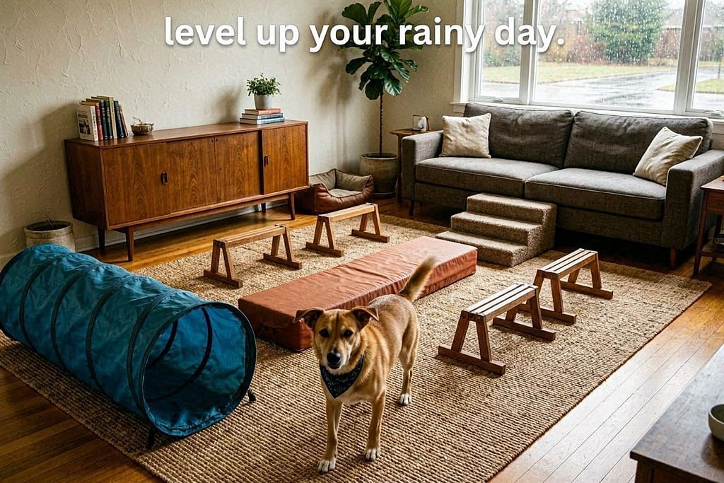 ntermediate course hero photo Full living room circuit with multiple obstacles. Text: "Level up your rainy day."