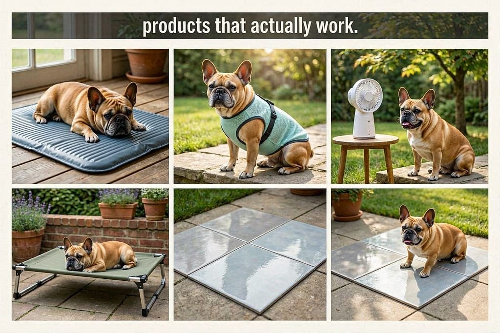 Product grid (5 images) Gel cooling mat, cooling vest, elevated cot, portable fan, ceramic tiles. Text: "Products that actually work."