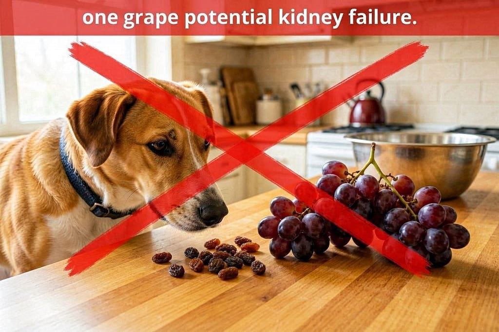 Grapes/raisins warning photo Grapes on counter, dog nearby, red X overlay. Text: "One grape = potential kidney failure."