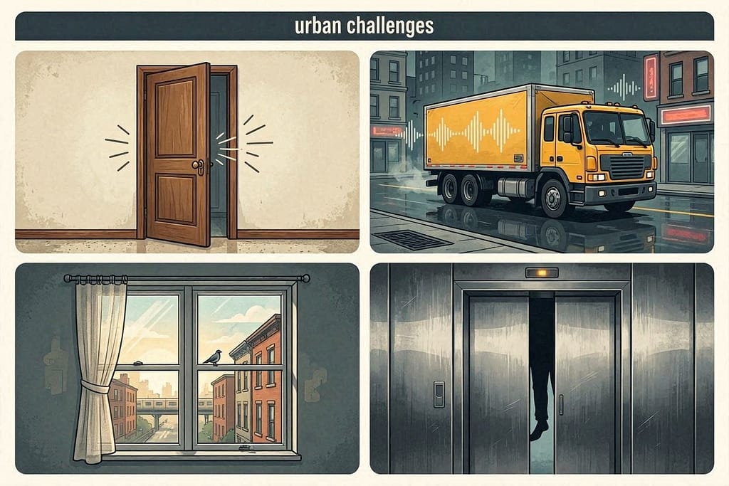 Icons: 🚪 Hallway noises / 🚛 Street sounds / 🪟 Window stimuli / 🛗 Close encounters. Text: "Urban challenges"