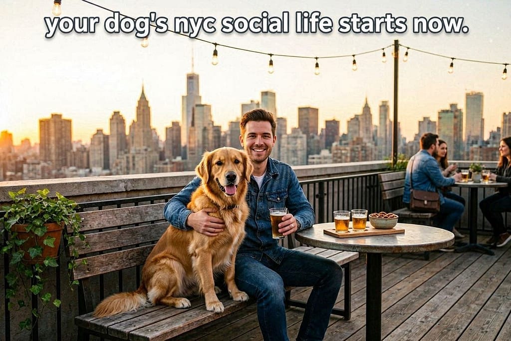 After" hero photo Happy dog and owner at sunset brewery patio, city skyline behind, drinks in hand. Text: "Your dog's NYC social life starts now."