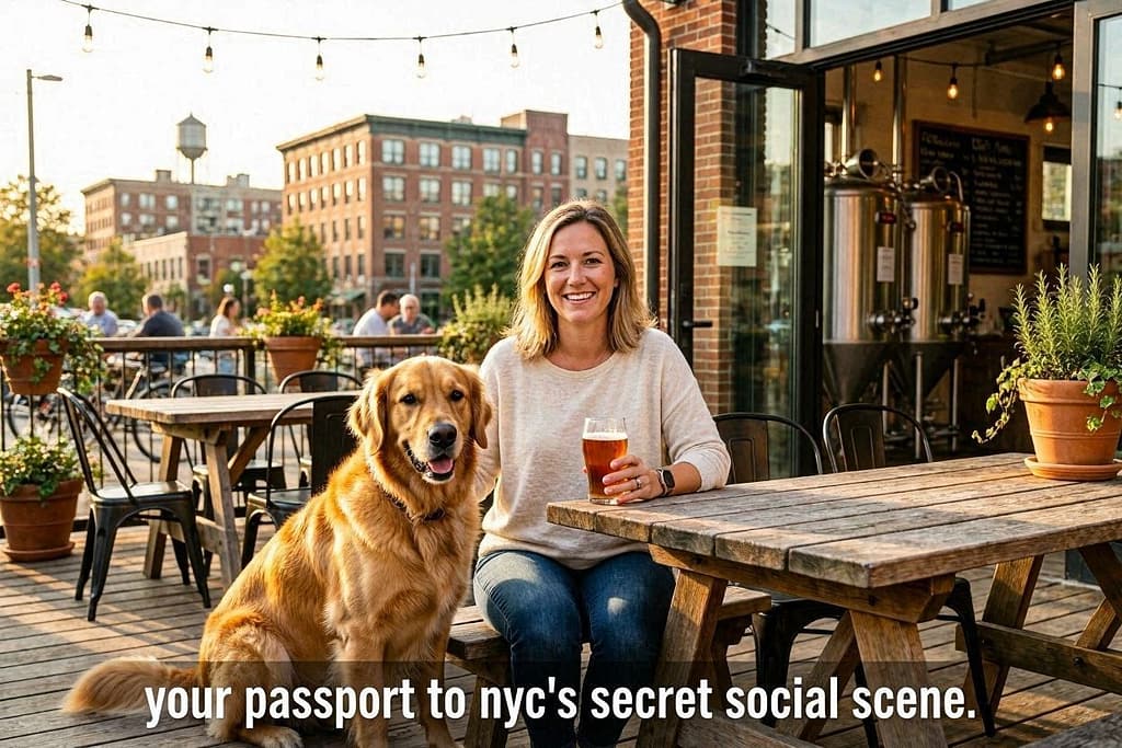 Aspirational hero photo Happy dog at a brewery patio, owner relaxed with beer, city background. Text: "Your passport to NYC's secret social scene."