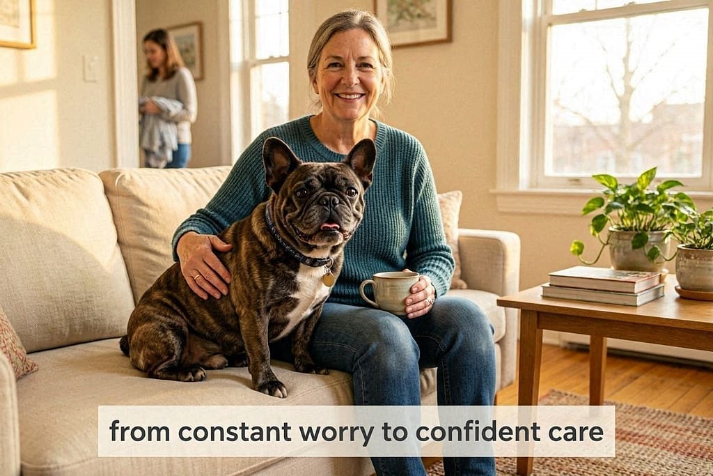 Happy, healthy French Bulldog with owner, both relaxed, breathing easy. Text: "From constant worry to confident care."