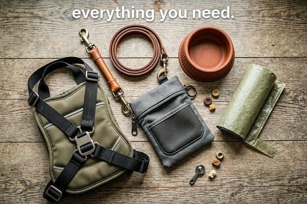 Sniffari gear flat lay Harness, 6-foot leash, treat pouch, collapsible bowl, poop bags. Text: "Everything you need."