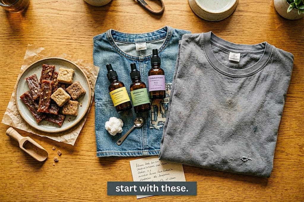 Three scents flat lay High-value treats, essential oils (dog-safe), your old t-shirt. Text: "Start with these."