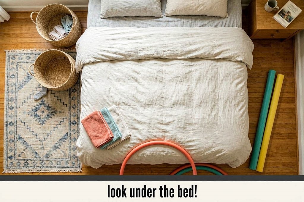 Supply flat lay (Bedroom) Hula hoop, laundry baskets, pool noodles, towels. Text: "Look under the bed!"