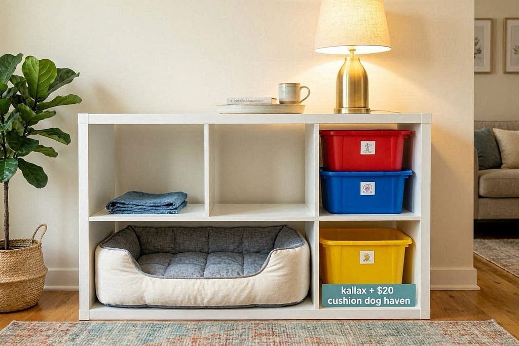IKEA Kallax unit modified: one cube has dog bed insert, another has toy bins, top has lamp. Text: "Kallax + $20 cushion = dog haven"