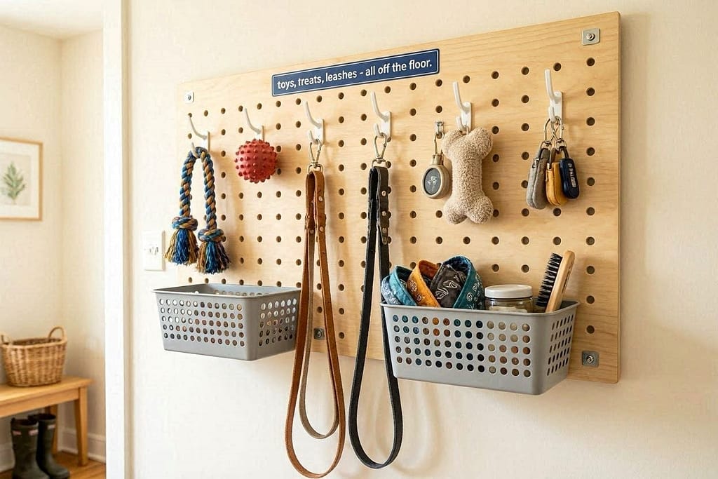 IKEA SKÅDIS pegboard filled with hooks holding toys, small baskets, leashes. Labeled: "Toys, treats, leashes - all off the floor."