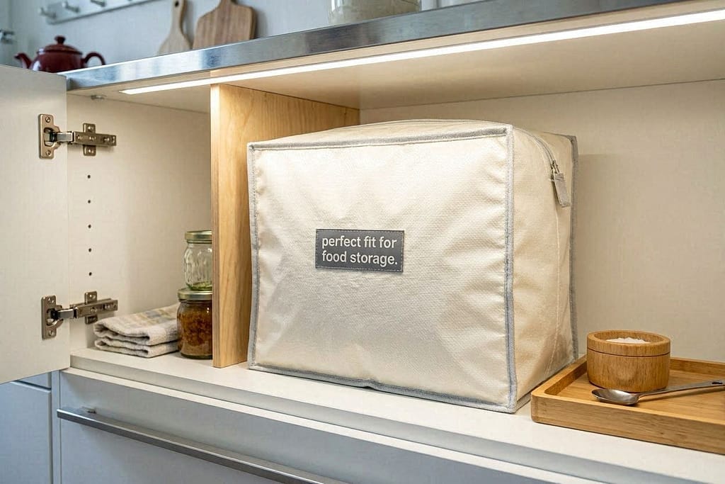 IKEA VARIERA bag inside storage compartment. Text: "Perfect fit for food storage."