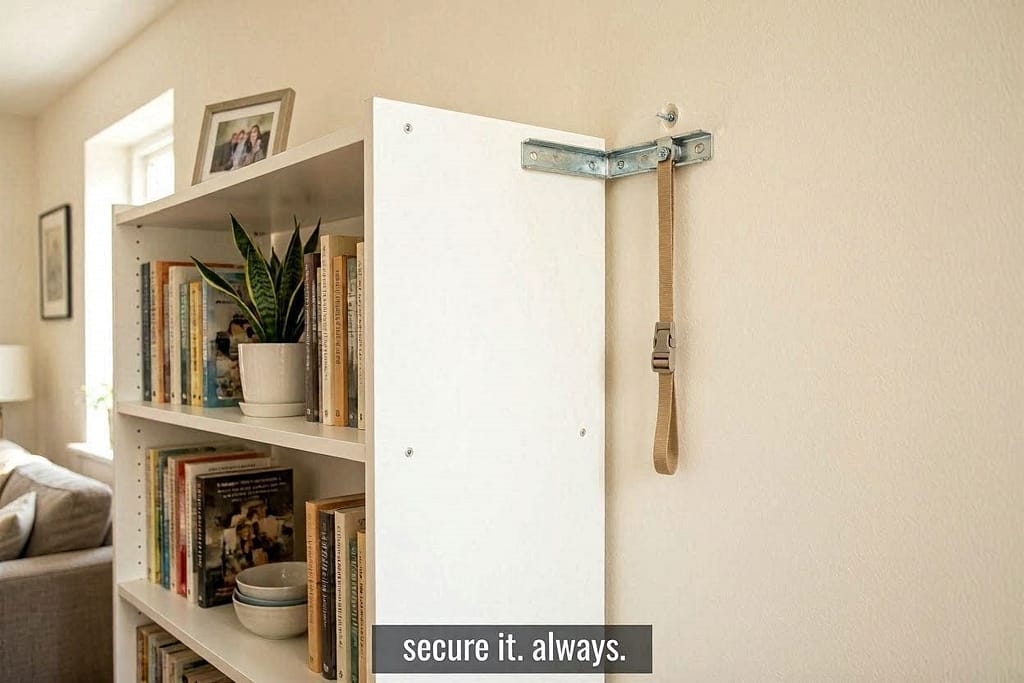IKEA wall anchor kit installed on a BILLY bookcase. Text: "Secure it. Always."