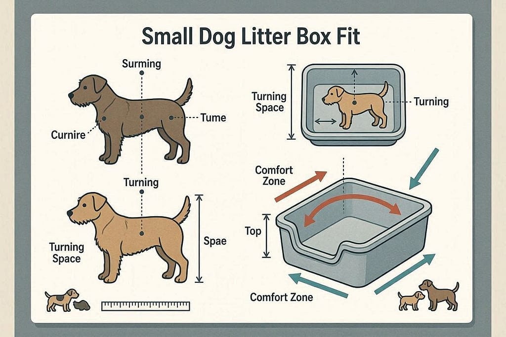 Illustrated diagram of small dog anatomy vs litter box – arrows showing comfort, turning space