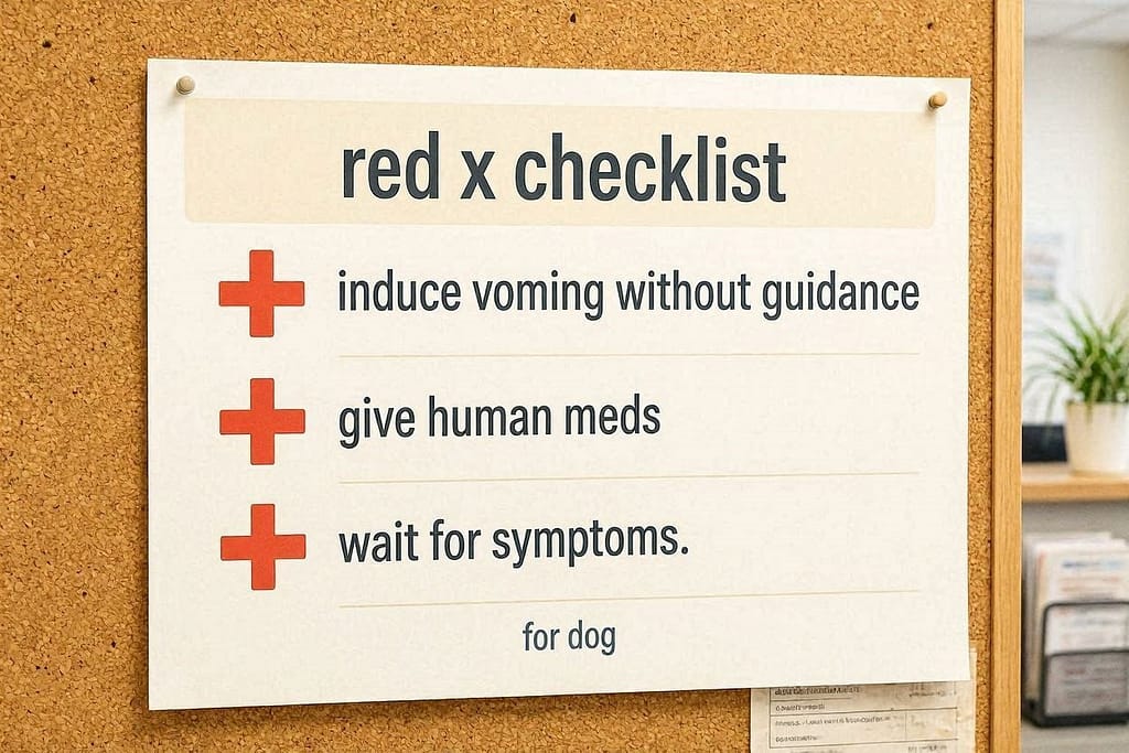 ❌ Induce vomiting without guidance / ❌ Give human meds / ❌ Wait for symptoms.