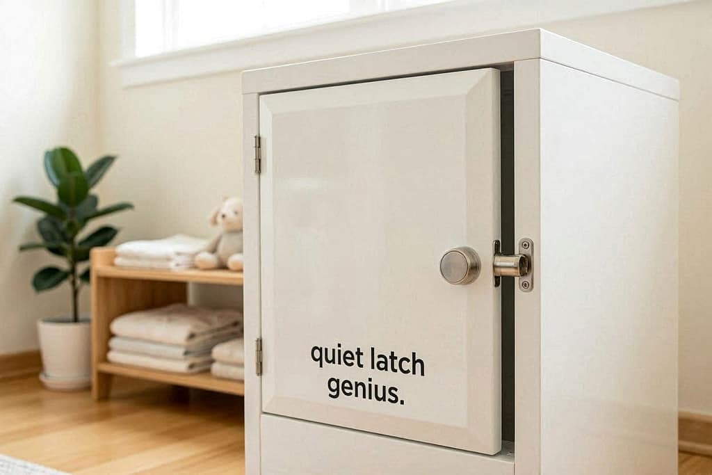 Insert door attached to cube, magnetic baby-proof catch visible. Text: "Quiet latch = genius."