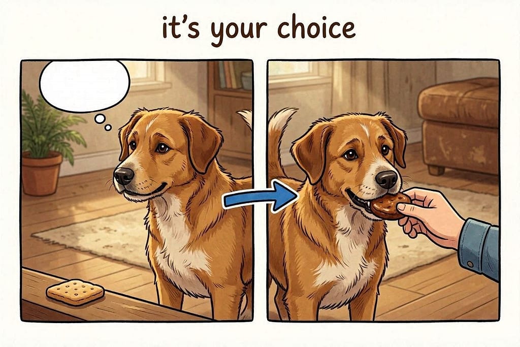 "It's Yer Choice" with arrow: Dog ignores treat → gets better treat.