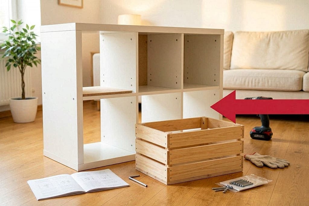 KALLAX partially assembled, back panel removed from one cube. Arrow pointing to designated crate cube.