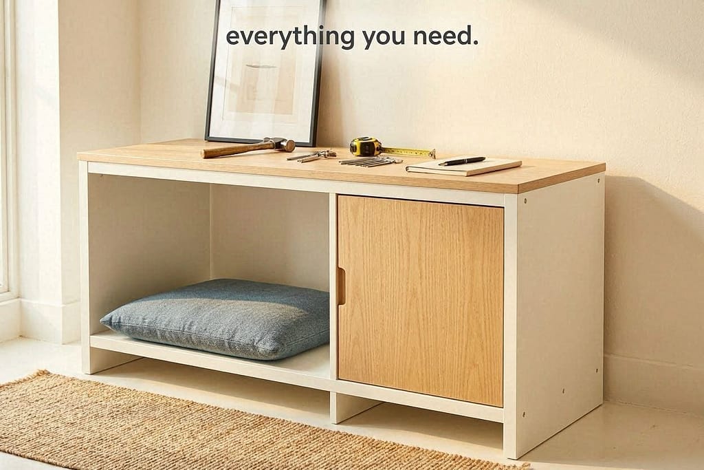 KALLAX unit, insert door, tabletop, cushion, tools. Text: "Everything you need.