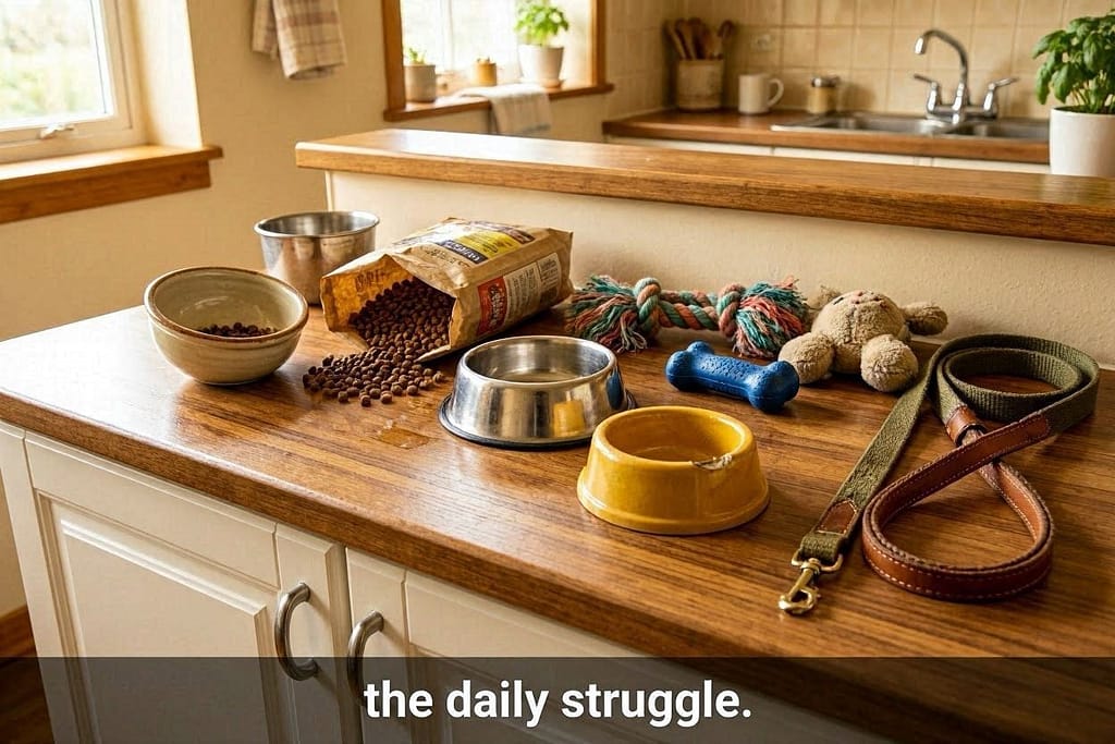Kitchen counter with scattered bowls, open kibble bag, toys, leashes. Text: "The daily struggle."