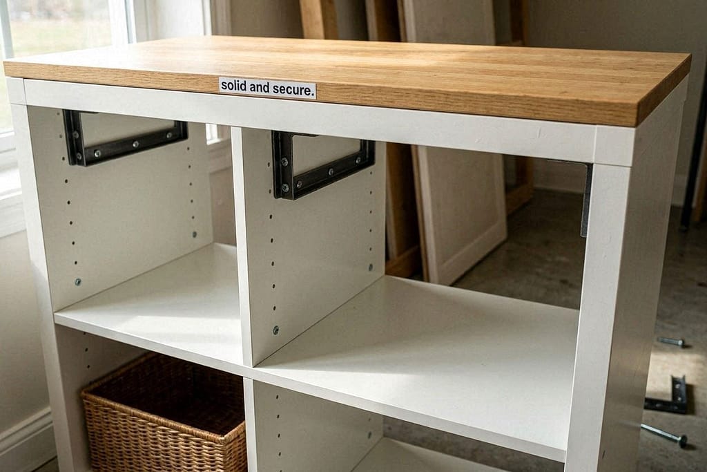 L-brackets attaching tabletop from inside. Text: "Solid and secure."