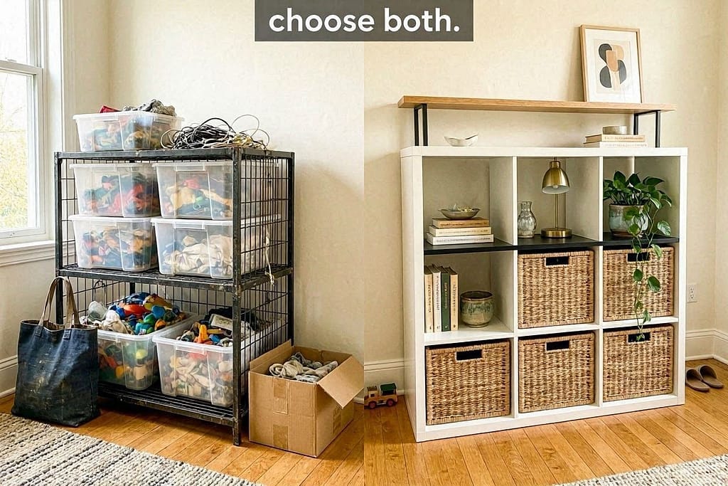 Left: Bulky wire crate, plastic bins (eyesore). Right: KALLAX hack (stylish). Text: "Choose both."