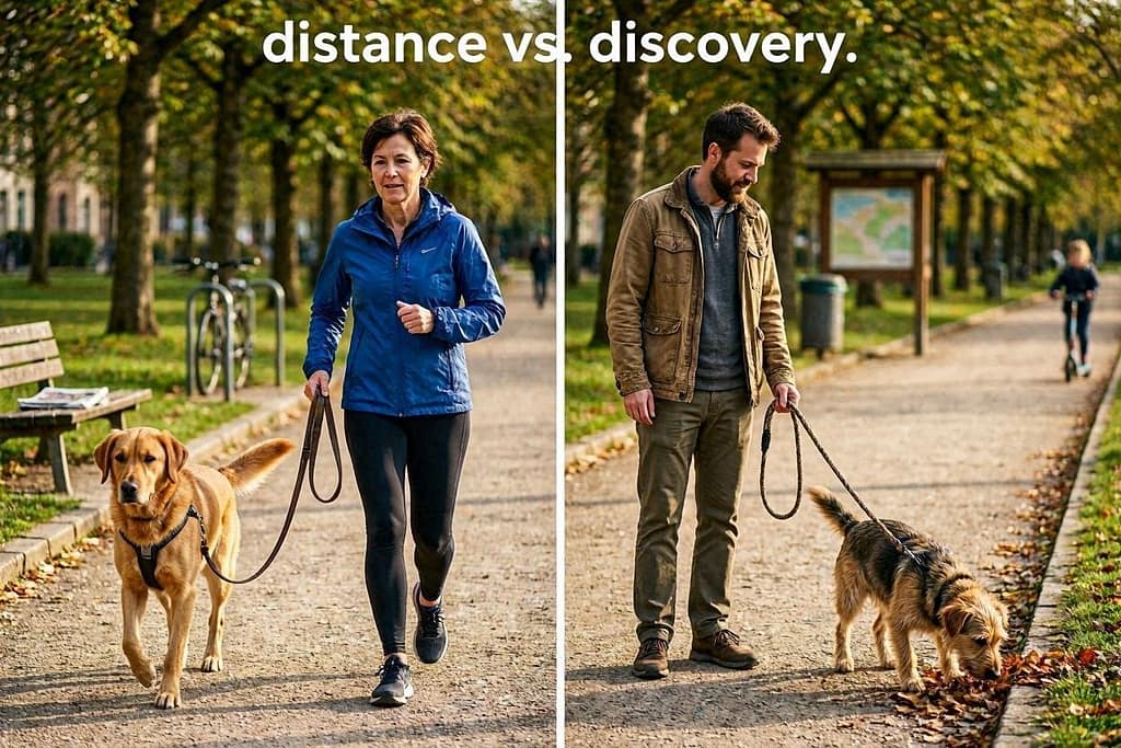 Left: Owner power-walking, dog heeled (Traditional). Right: Owner standing, dog sniffing, slack leash (Sniffari). Text: "Distance vs. Discovery."
