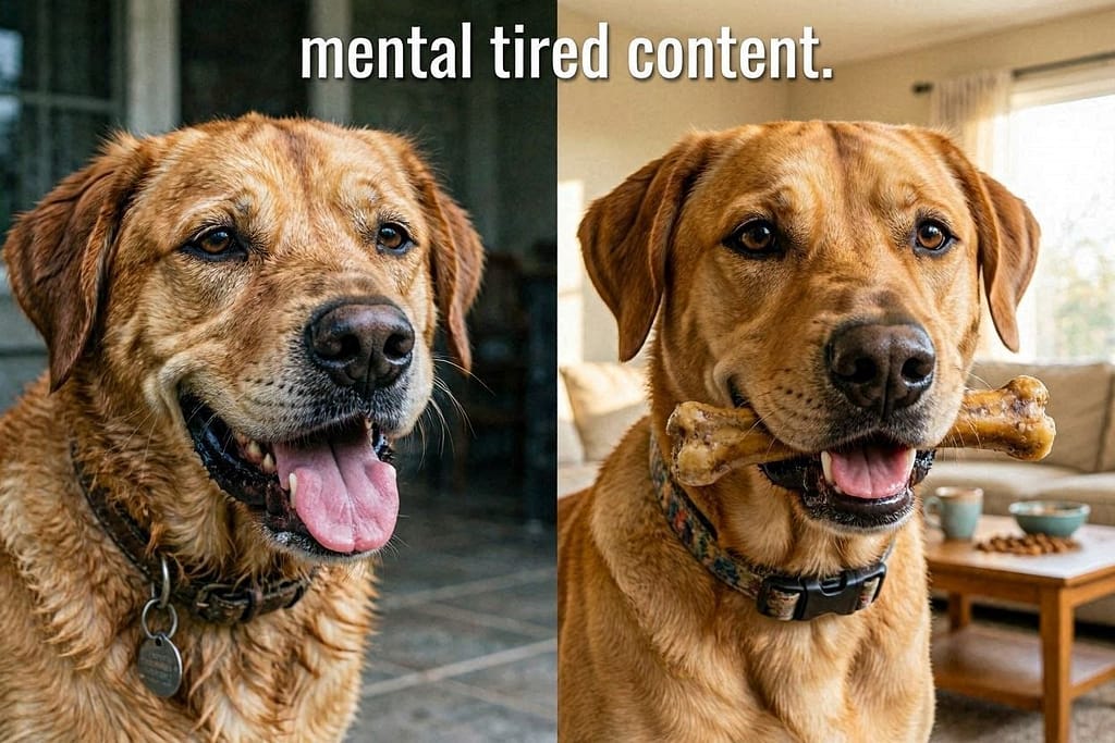 Split dog faces Left: Panting exhausted dog. Right: Calm, content dog with chew toy.