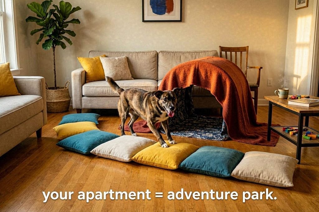 Aspirational hero photo Living room transformed with pillow path, blanket tunnel, and excited dog mid-obstacle. Text: "Your apartment = adventure park."