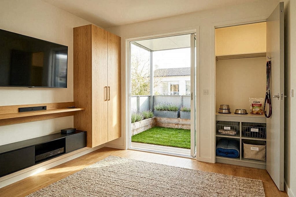 Living room (wall-mounted systems), bedroom (closet dog supply cabinet), balcony (grass patch).