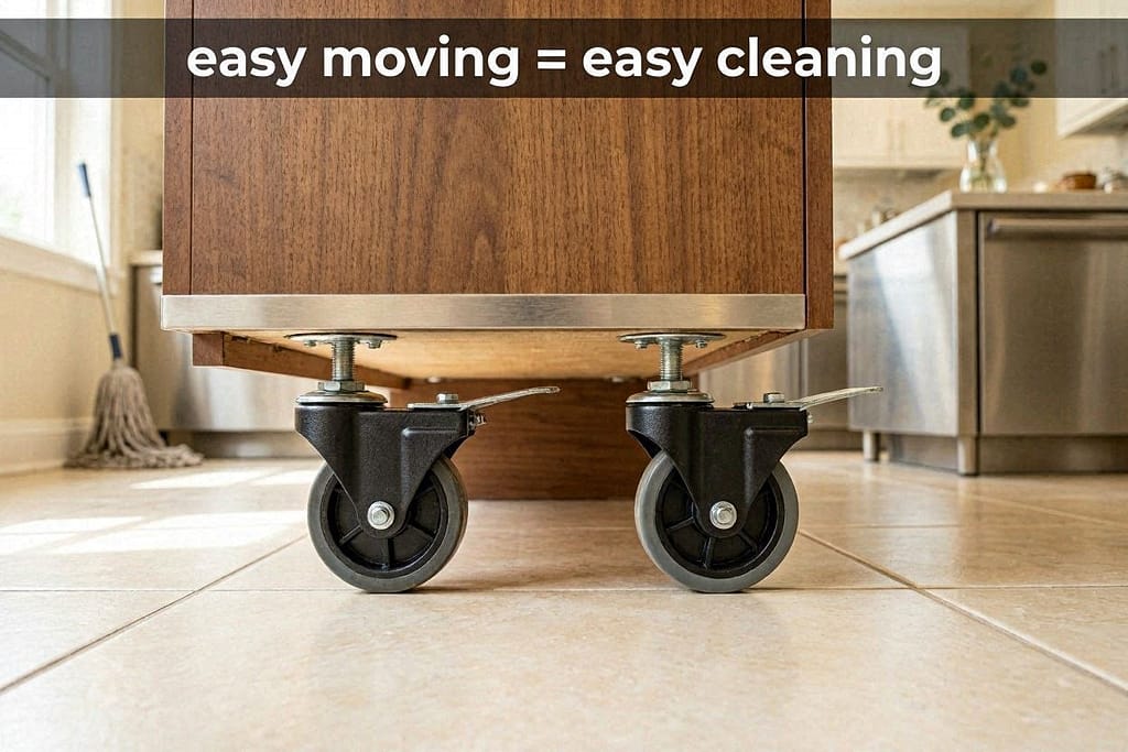 Locking casters attached to cabinet bottom. Text: "Easy moving = easy cleaning