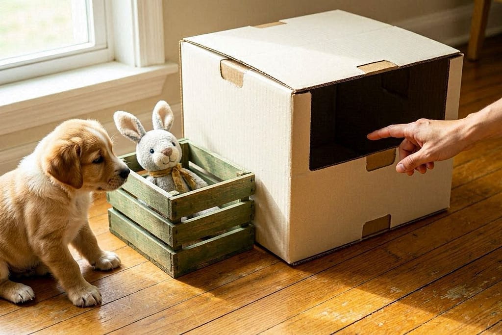 Low-entry box next to tiny crate. Show scale (puppy toy or hand).