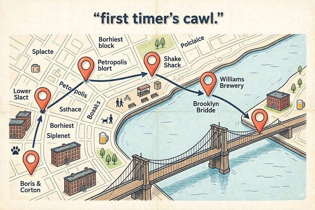 Lower Manhattan route map Map with pins: Boris & Horton → Petropolis → Shake Shack → Brooklyn Bridge → Brooklyn Brewery. Text: "First timer's crawl."