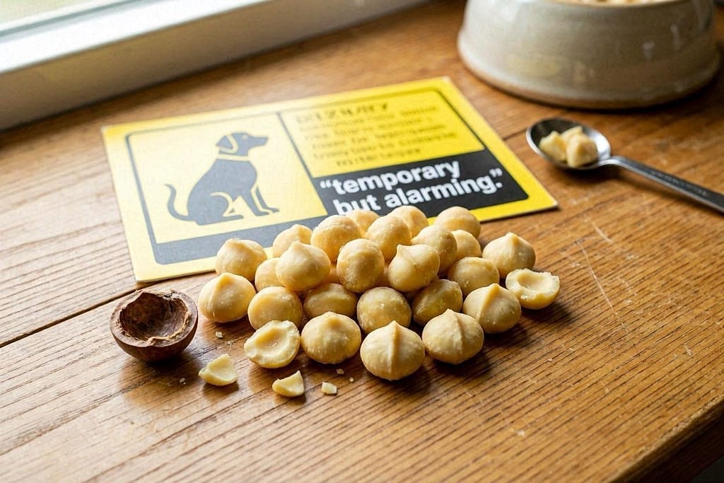 Macadamia nuts photo Macadamia nuts with dog silhouette and warning. Text: "Temporary but alarming."