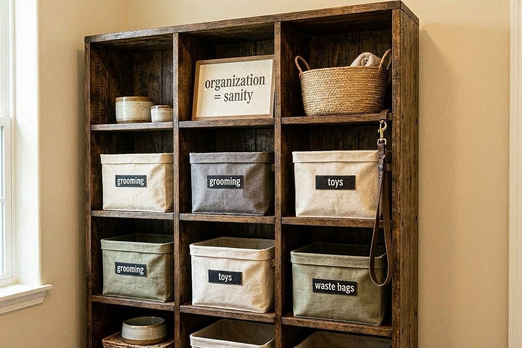 Matching bins labeled: "Grooming," "Toys," "Waste Bags." Text: "Organization = sanity."