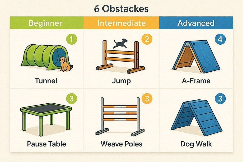 Matrix visual graphic 6 obstacles with difficulty levels (Beginner → Intermediate → Advanced). Color-coded.