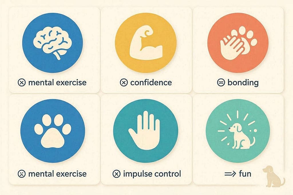 Benefits icon grid 🧠 Mental exercise / 💪 Confidence / 🤝 Bonding / 🛑 Impulse control / 🎉 Fun.