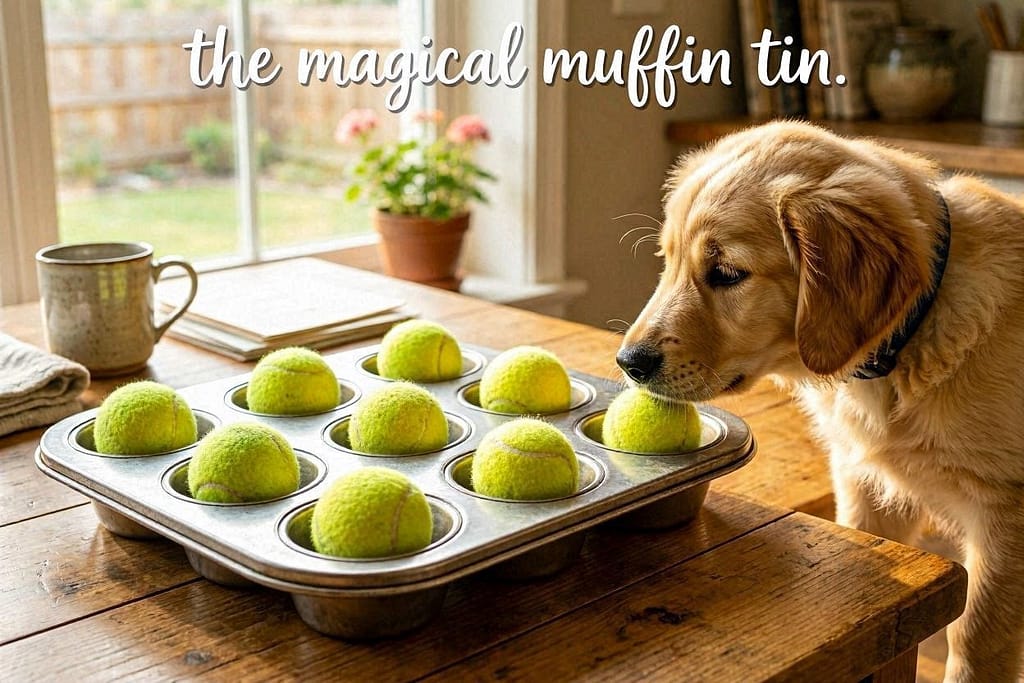 Muffin tin with tennis balls covering cups, dog investigating. Text: "The magical muffin tin."