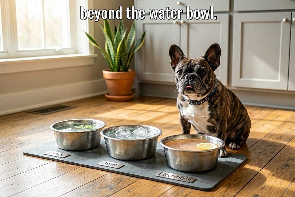 Hydration station photo Multiple bowls: fresh water, ice water, electrolyte solution. Text: "Beyond the water bowl."