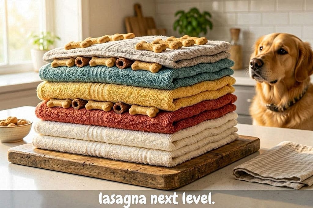 Multiple layered towels with treats between layers. Text: "Lasagna = next level."