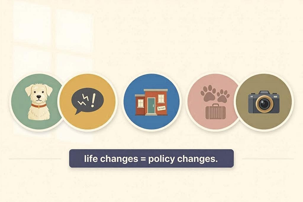 Life event icons New pet / Behavioral issues / New rental / Pet sitting/boarding / Expensive equipment. Text: "Life changes = policy changes."