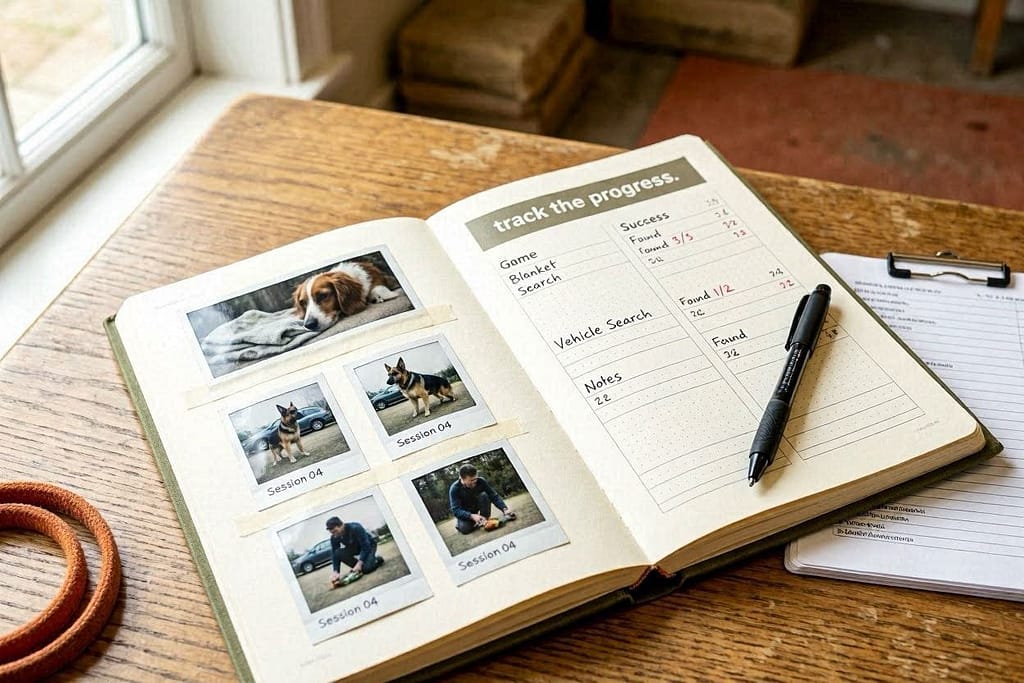 Nose work journal photo Notebook with game names, success notes, photos.
