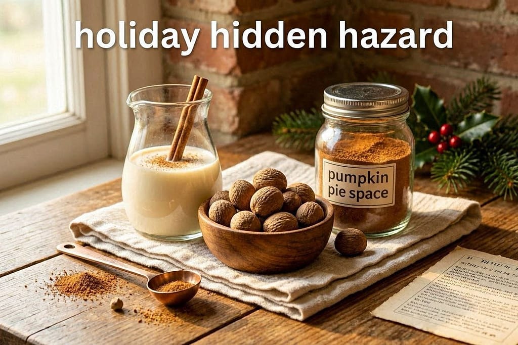 Holiday spice photo Nutmeg, pumpkin pie spice, eggnog. Text: "Holiday hidden hazard."